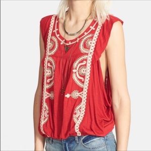 Free People Dos Segundos Red Embroidered Top Small